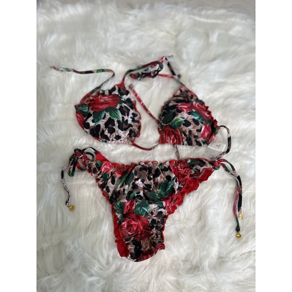 Peddney Women's Red Rose Cheetah  2 Piece Swim Suit Bikini Large Tie Side New